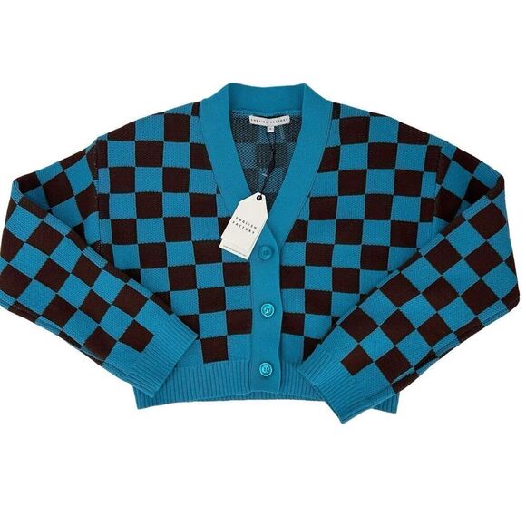 English Factory Brown Blue Checkerboard Checkered Cardigan Sweater Sz S Preppy - Picture 5 of 14